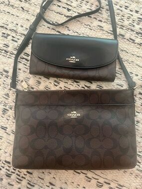 Coach Dark Brown Signature Crossbody and Wallet Set